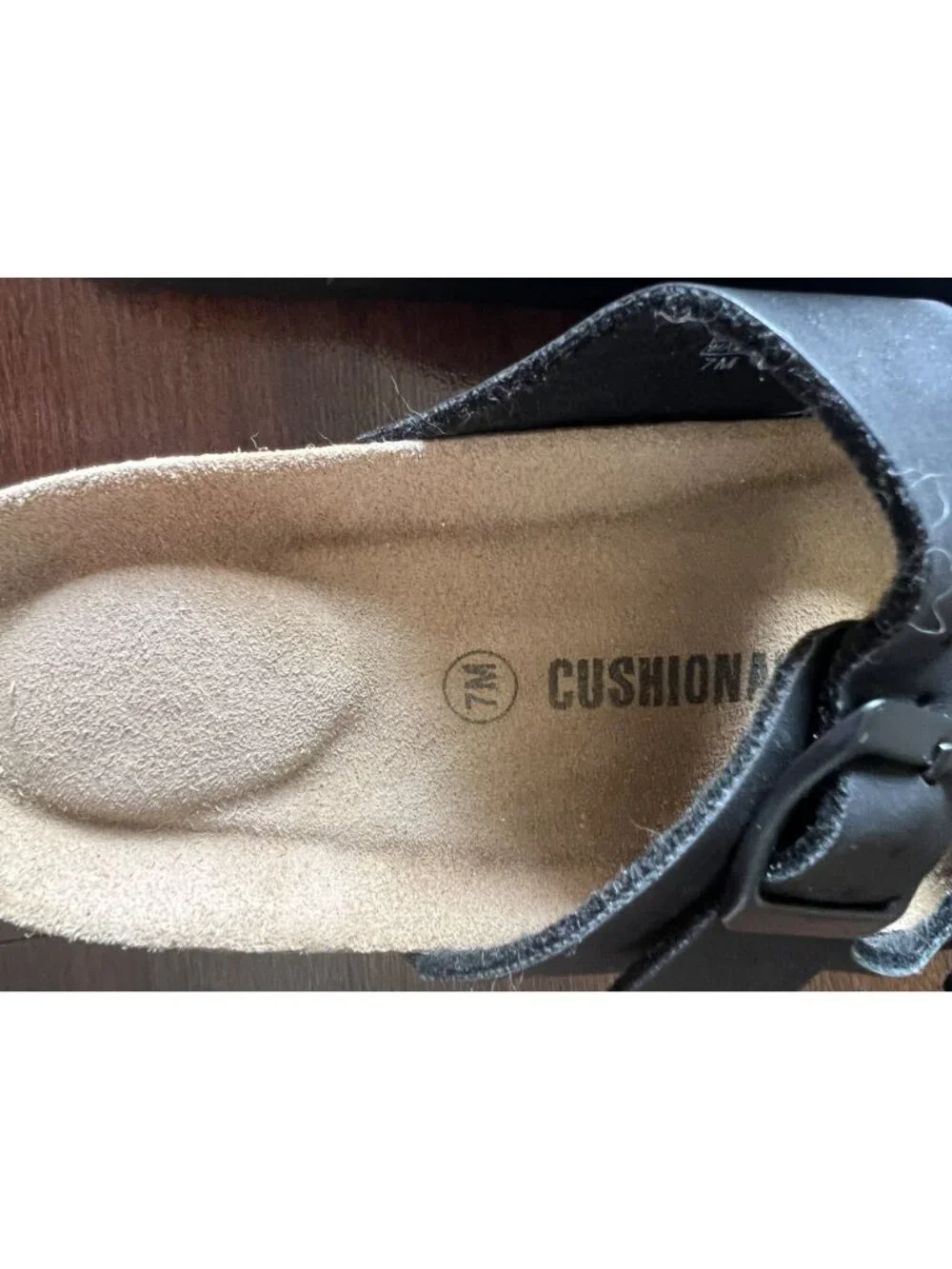 Cushionaire Black Double Buckle Slide Sandals Cork Footbed Womens Size 7
